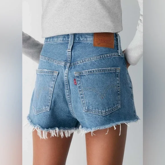 Levi's Light Blue Distressed Denim Jean Shorts - Picture 2 of 12